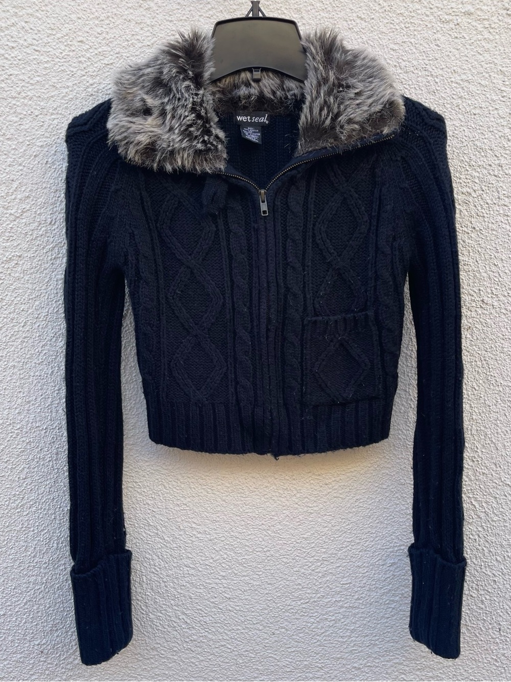 Wet Seal Navy Cable-Knit Zip Sweater with Faux Fur Collar